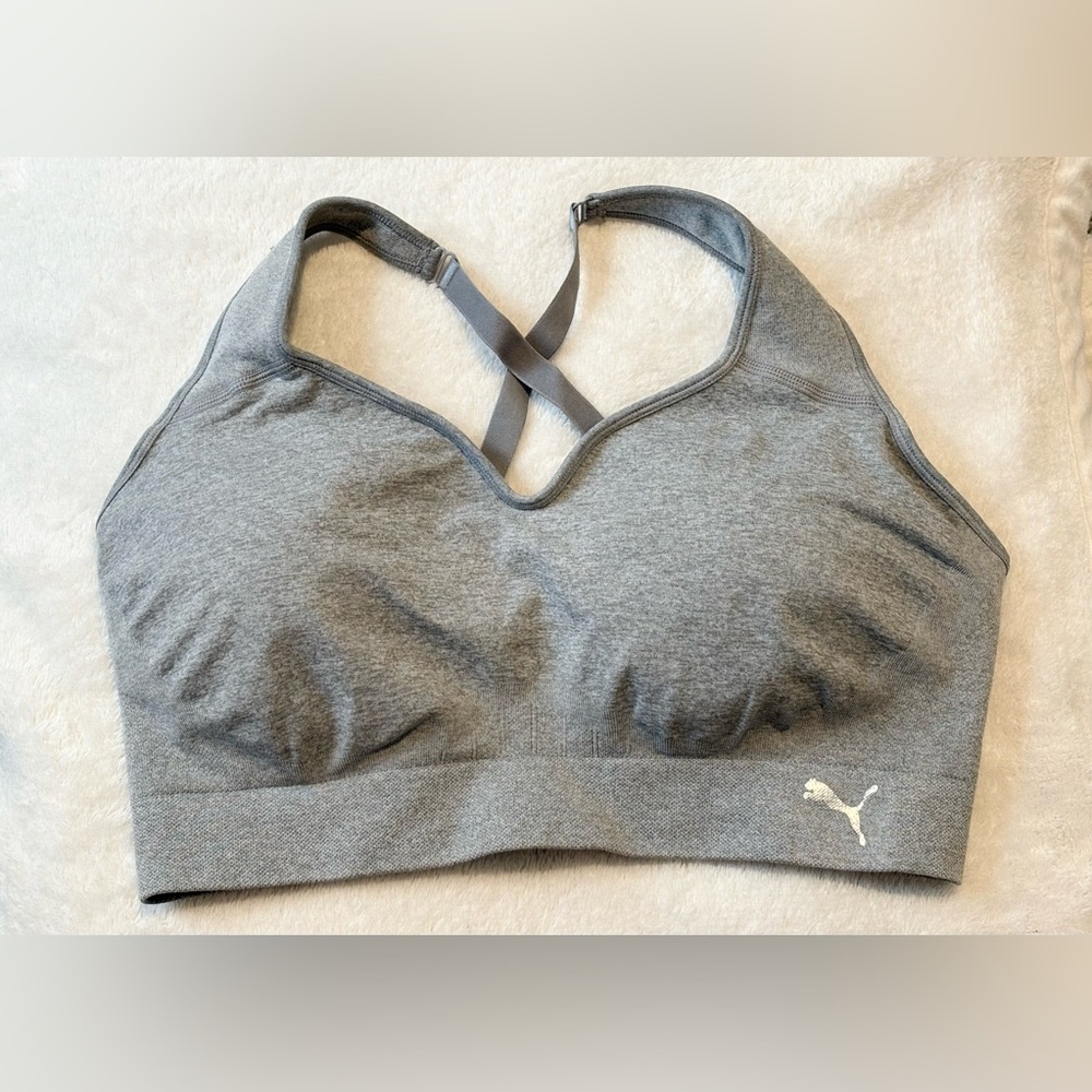 Puma Women’s Gray Criss Cross Back Sports Bra Padded Stretch Workout Gym Size XL